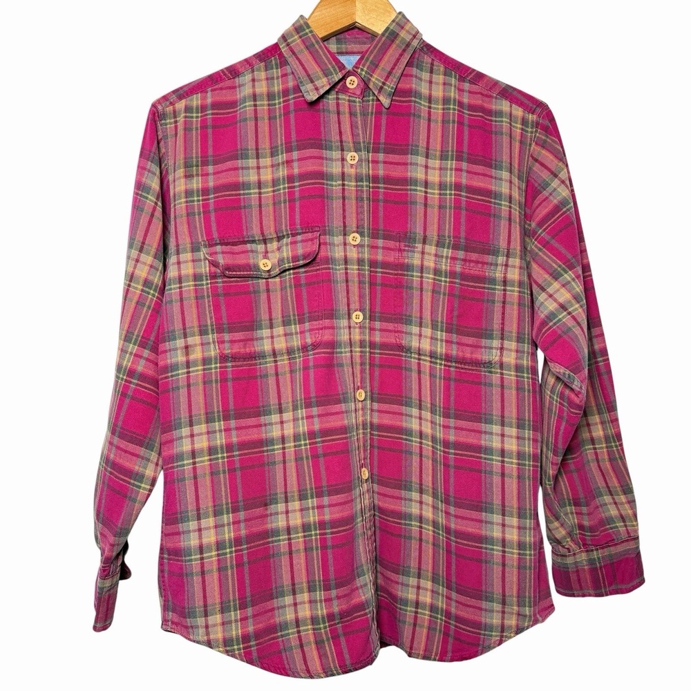 Vintage Calvin Klein Pink Plaid Flannel Shirt Womens Small 100% Cotton Hong Kong